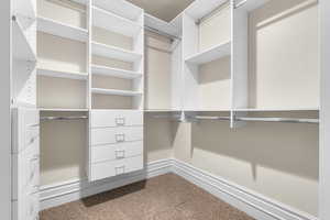 Owner's suite Walk in closet featuring carpet flooring and built in shelving