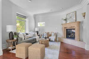 Living room with a fireplace, crown molding, a healthy amount of sunlight, and wood flooring