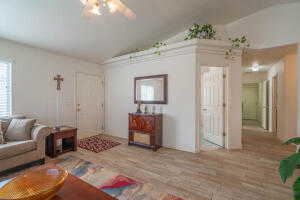 Living room with light hardwood / wood-style flooring, vaulted ceiling, and ceiling fan