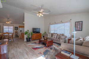 Living room with ceiling fan and hardwood / wood-style flooring