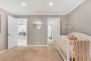 Carpeted bedroom featuring a nursery area and ornamental molding