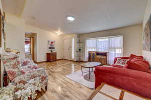 Living room with light wood-type flooring and lofted ceiling