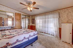 Carpeted bedroom with multiple windows, ceiling fan, and vaulted ceiling