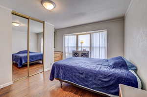 Bedroom featuring crown molding, a closet, and hardwood / wood-style flooring