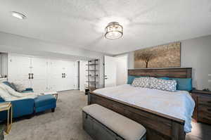 Carpeted bedroom with multiple closets and a textured ceiling