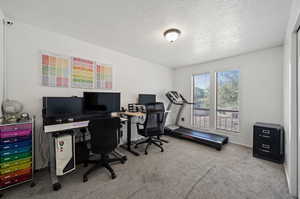 Office space with a textured ceiling and light colored carpet