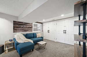 Living area featuring a textured ceiling, a wood stove, and carpet floors