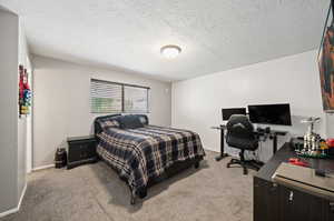 Carpeted bedroom featuring a textured ceiling