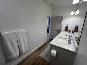 Bathroom featuring vanity and hardwood / wood-style flooring