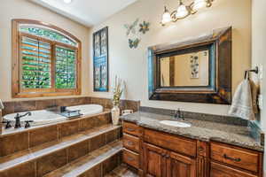 Bathroom featuring vanity, plenty of natural light, and tiled bath