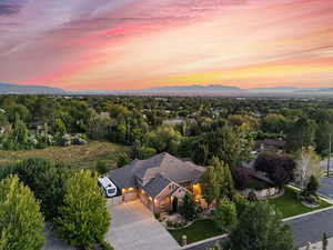 Aerial view at dusk with a mountain view