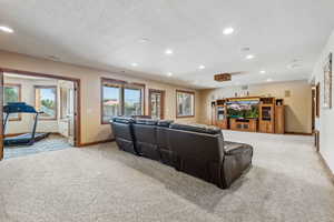 Living room featuring light carpet and a textured ceiling