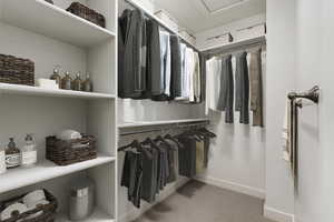 Spacious closet with light colored carpet