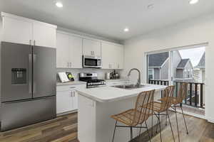 Kitchen with dark wood-type flooring, stainless steel appliances, a kitchen island with sink, and sink