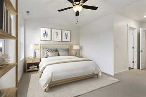 Carpeted bedroom featuring lofted ceiling and ceiling fan