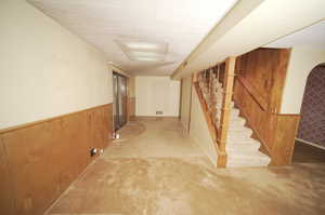 Basement with wooden walls and carpet floors