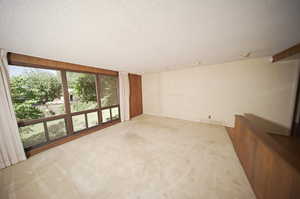 Carpeted empty room with a textured ceiling