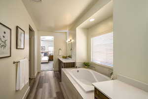 Bathroom with tiled tub, vanity, and wood-type flooring