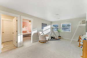 Sitting room featuring ceiling fan and light carpet