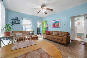 Living room featuring ceiling fan, light hardwood / wood-style floors, and a textured ceiling