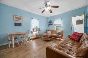 Living room featuring a textured ceiling, ceiling fan, and light wood-type flooring