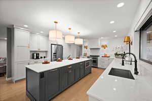 Kitchen featuring white cabinets, light wood-type flooring, stainless steel appliances, sink, and tasteful backsplash