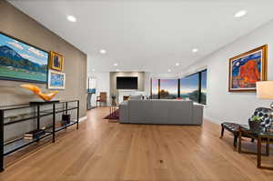 Living room with light wood-type flooring