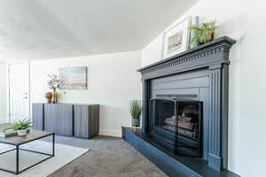 Carpeted living room featuring a textured ceiling