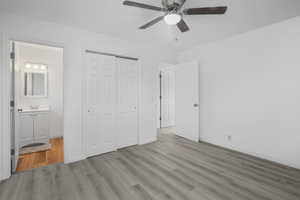 Master bedroom with  vinyl wood-style floors, a closet, and connected bathroom