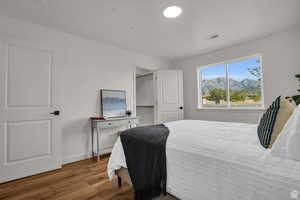 Bedroom featuring a mountain view and light hardwood / wood-style flooring