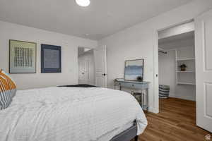 Bedroom featuring hardwood / wood-style flooring and a walk in closet