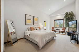 Carpeted bedroom with high vaulted ceiling