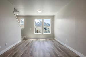 Unfurnished room with wood-type flooring and a textured ceiling