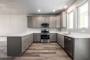 Kitchen featuring appliances with stainless steel finishes, gray cabinetry, and kitchen peninsula