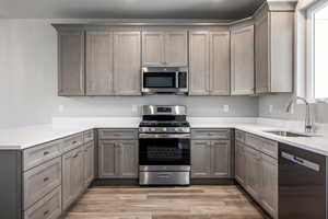 Kitchen featuring sink, light wood-type flooring, appliances with stainless steel finishes, gray cabinets, and kitchen peninsula