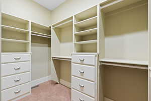 Spacious closet featuring light colored carpet