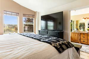 Bedroom featuring lofted ceiling and multiple windows