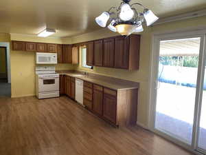 Kitchen with hardwood / wood-style floors, white appliances, a chandelier, and a healthy amount of sunlight