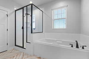 Bathroom with plus walk in shower and parquet floors