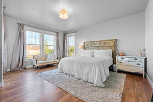 Bedroom featuring dark hardwood / wood-style floors and multiple windows