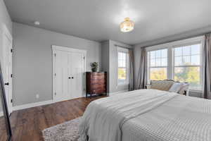 Bedroom featuring a textured ceiling, multiple windows, and dark hardwood / wood-style flooring