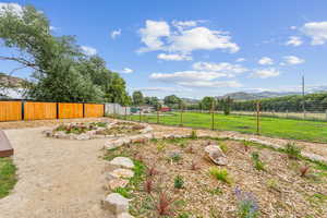 View of Permaculture designed yard featuring a mountain view