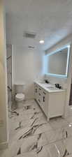 Bathroom featuring toilet, plenty of natural light, a textured ceiling, and vanity