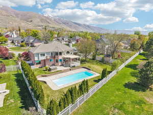 View of pool featuring a fenced backyard, a yard, and a residential view