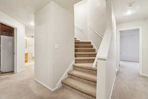 Stairway with carpet flooring and baseboards