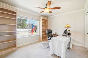 Carpeted office featuring visible vents, a ceiling fan, baseboards, and ornamental molding