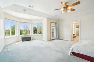 Bedroom with light carpet, baseboards, and multiple windows