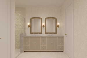 Bathroom featuring tile patterned flooring, vanity, and an enclosed shower