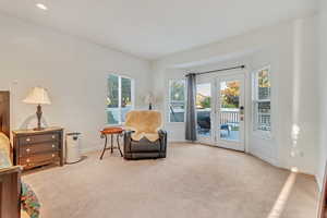 Living area featuring light carpet and french doors