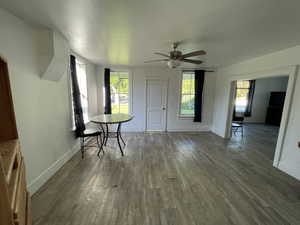 Spare room with ceiling fan, hardwood / wood-style flooring, and plenty of natural light